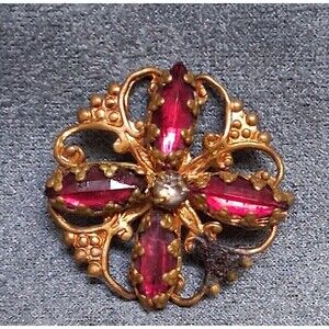 Victorian Red Mirror Rhinestone Filigree Brooch Pin